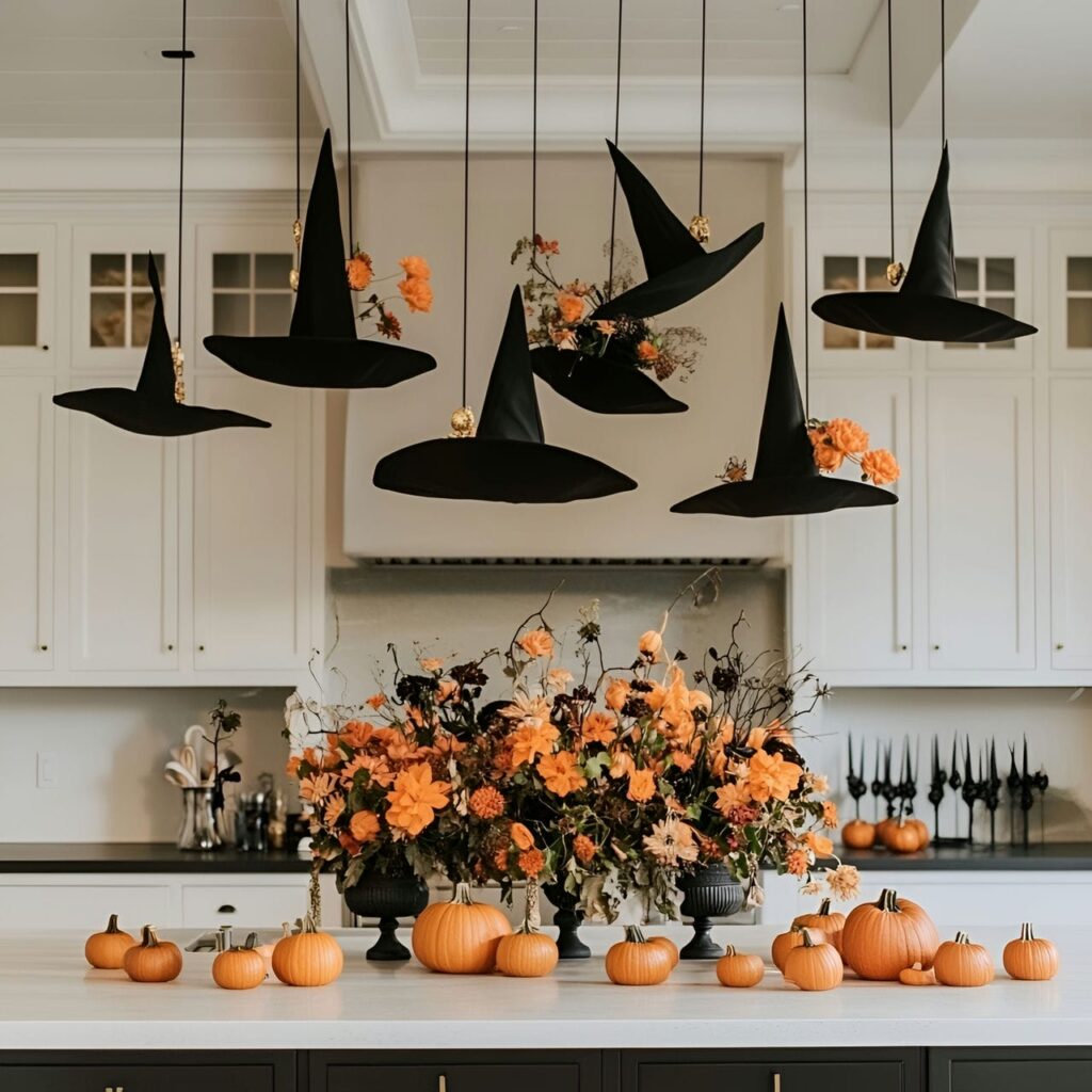 03. Floating Witch Hat Display with Black Candles and Cobwebs