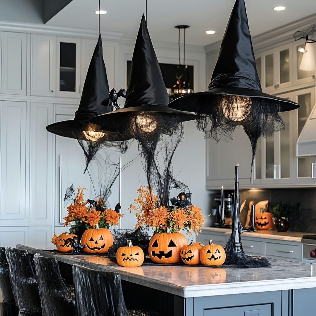 03. Floating Witch Hat Display with Black Candles and Cobwebs