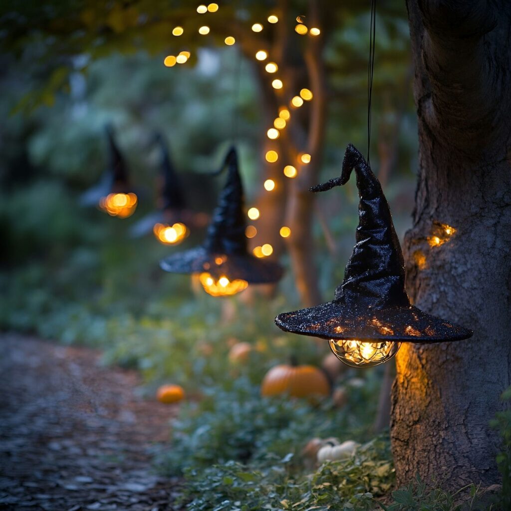 09. Floating Witch Hats Overhead with Glowing LED Lights