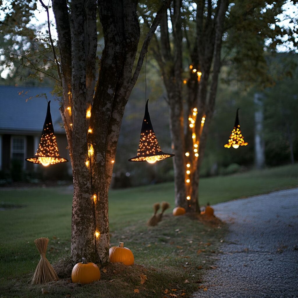 09. Floating Witch Hats Overhead with Glowing LED Lights