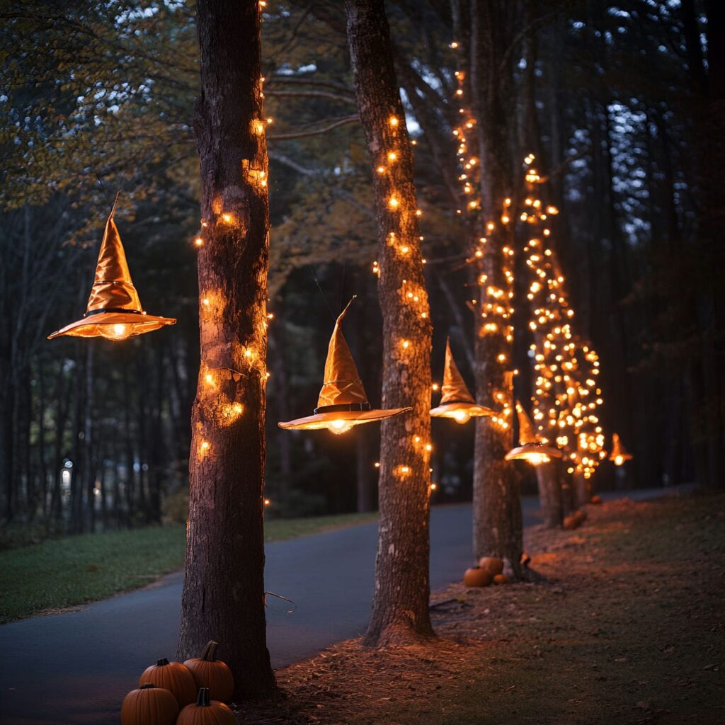 09. Floating Witch Hats Overhead with Glowing LED Lights