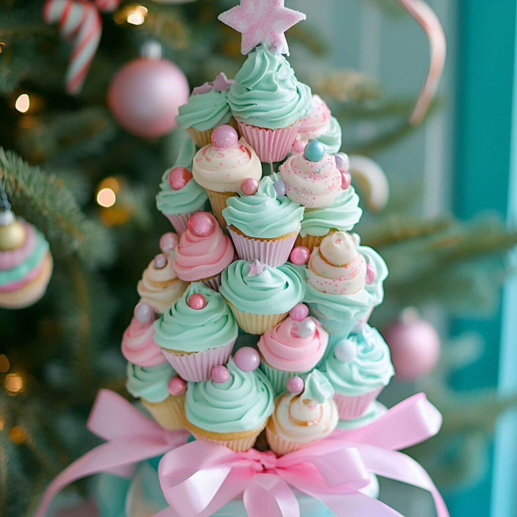 12. Frosted Cupcake Whimsical Tree With Candy-Colored Ribbons