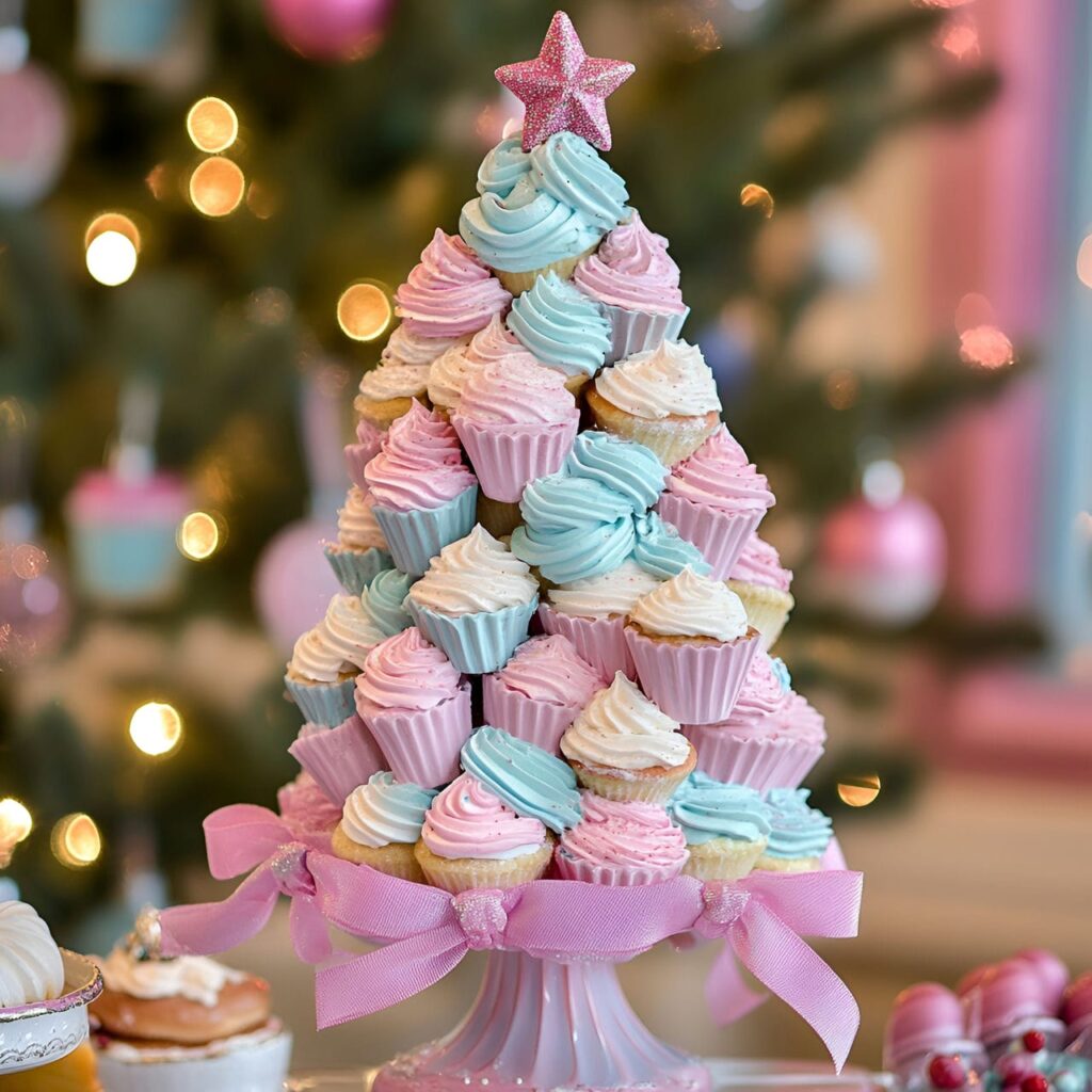 12. Frosted Cupcake Whimsical Tree With Candy-Colored Ribbons