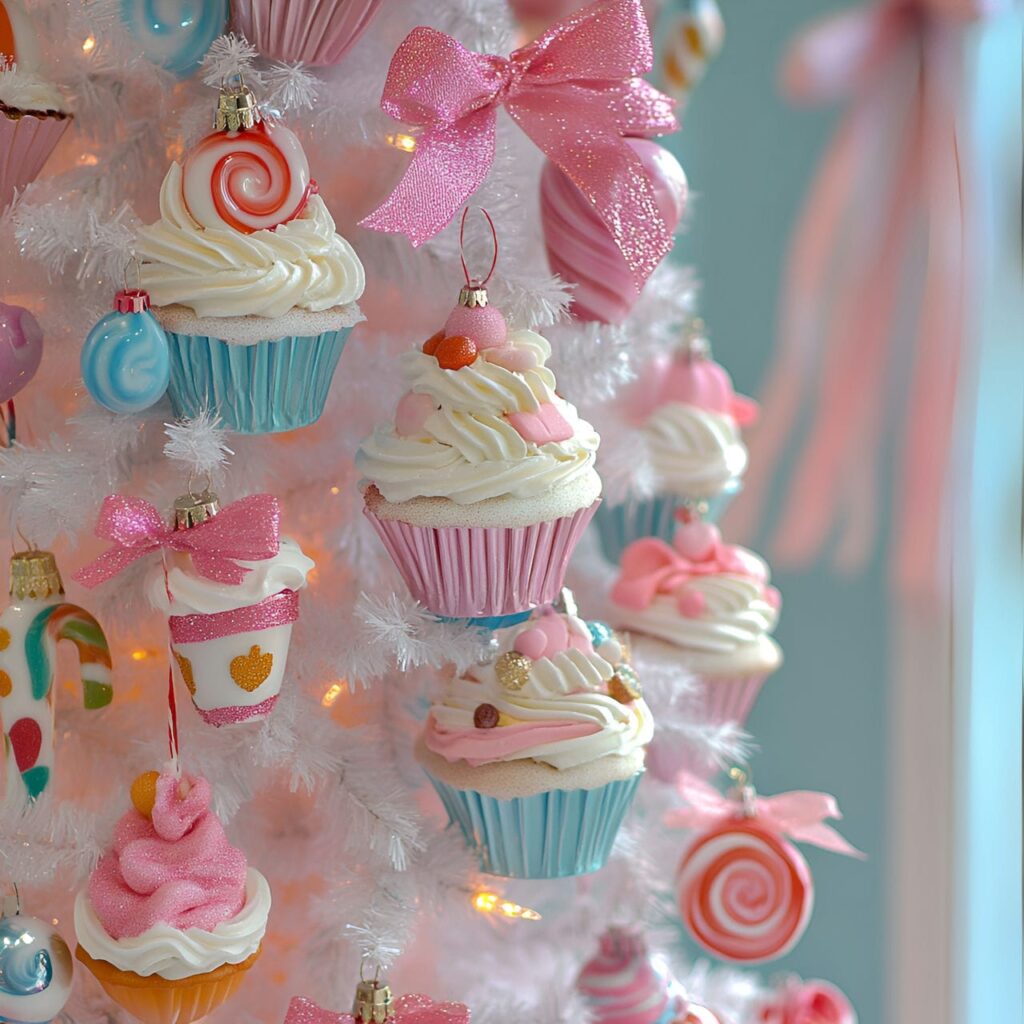 12. Frosted Cupcake Whimsical Tree With Candy-Colored Ribbons