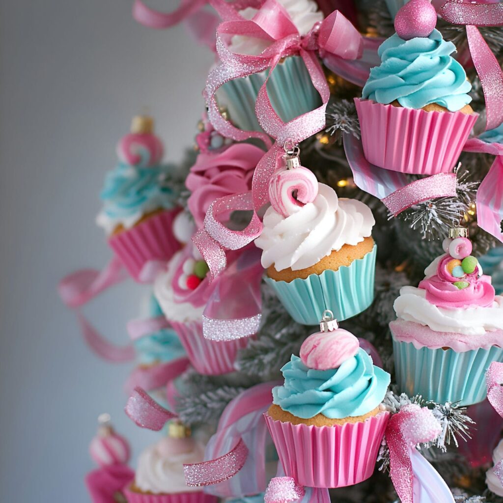 12. Frosted Cupcake Whimsical Tree With Candy-Colored Ribbons