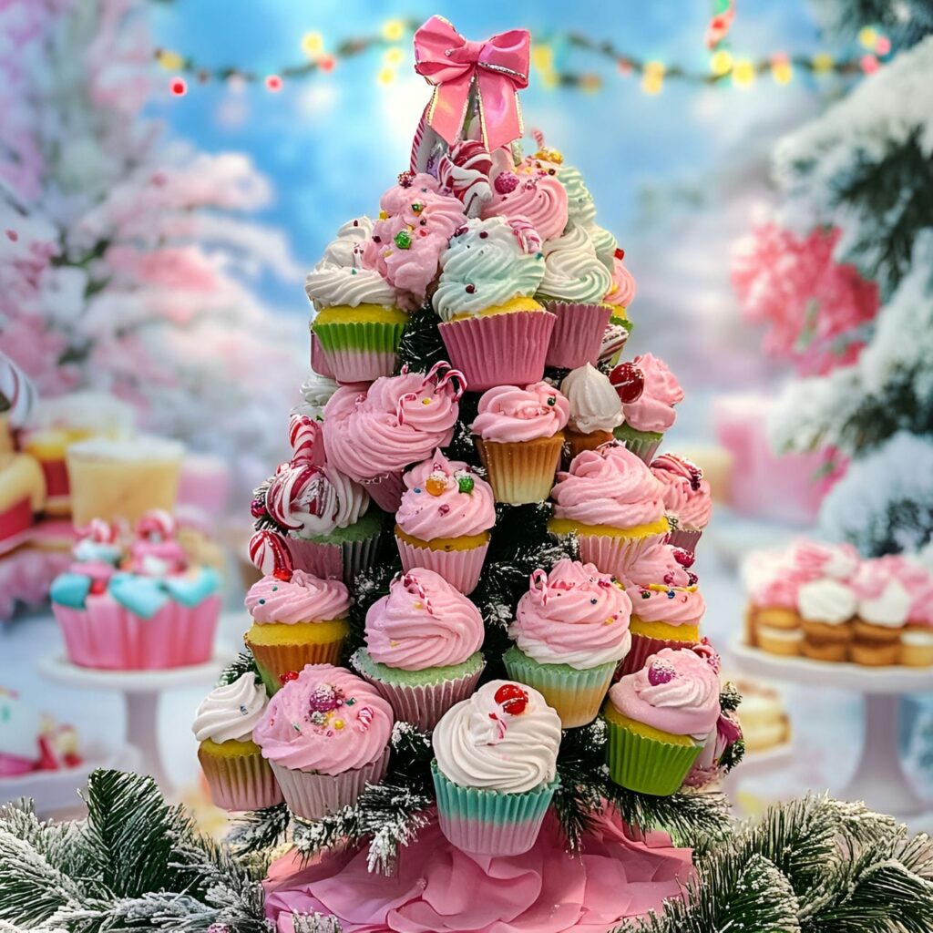 12. Frosted Cupcake Whimsical Tree With Candy-Colored Ribbons