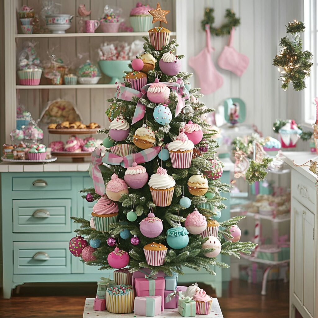 12. Frosted Cupcake Whimsical Tree With Candy-Colored Ribbons