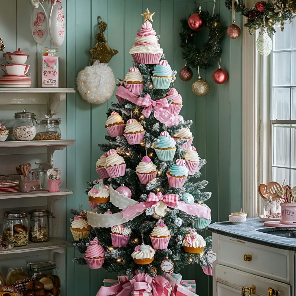 12. Frosted Cupcake Whimsical Tree With Candy-Colored Ribbons