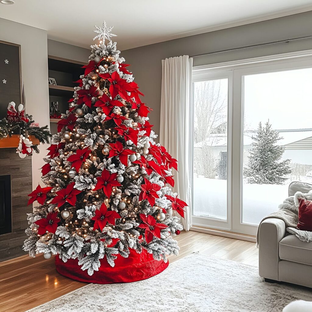 14. Frosted Poinsettia and Snowy Christmas Tree with Twinkle Lights