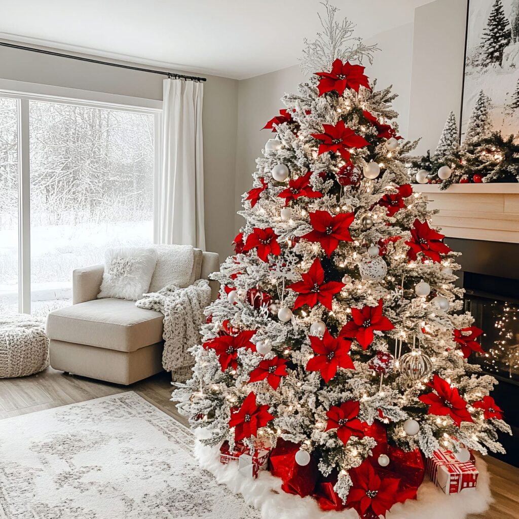 14. Frosted Poinsettia and Snowy Christmas Tree with Twinkle Lights