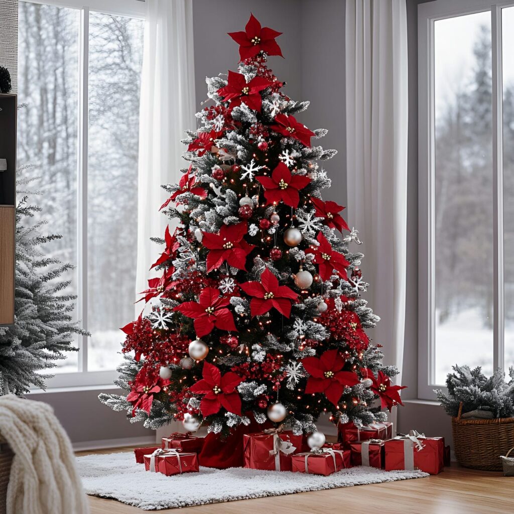 14. Frosted Poinsettia and Snowy Christmas Tree with Twinkle Lights