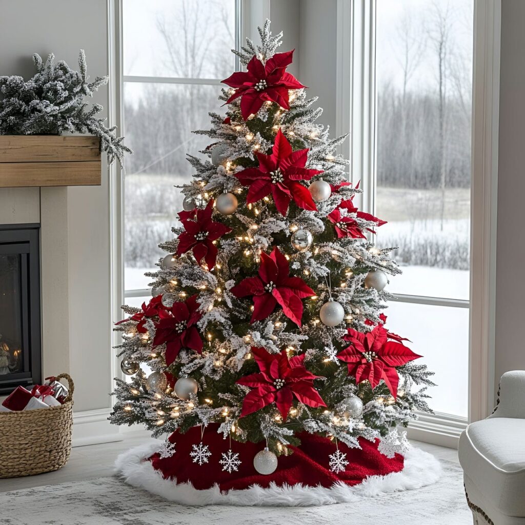 14. Frosted Poinsettia and Snowy Christmas Tree with Twinkle Lights