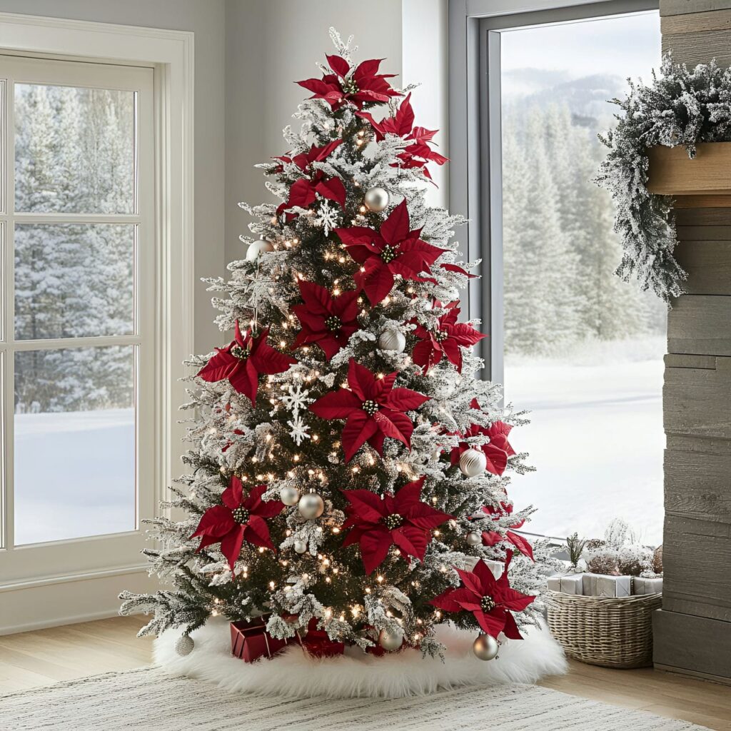 14. Frosted Poinsettia and Snowy Christmas Tree with Twinkle Lights