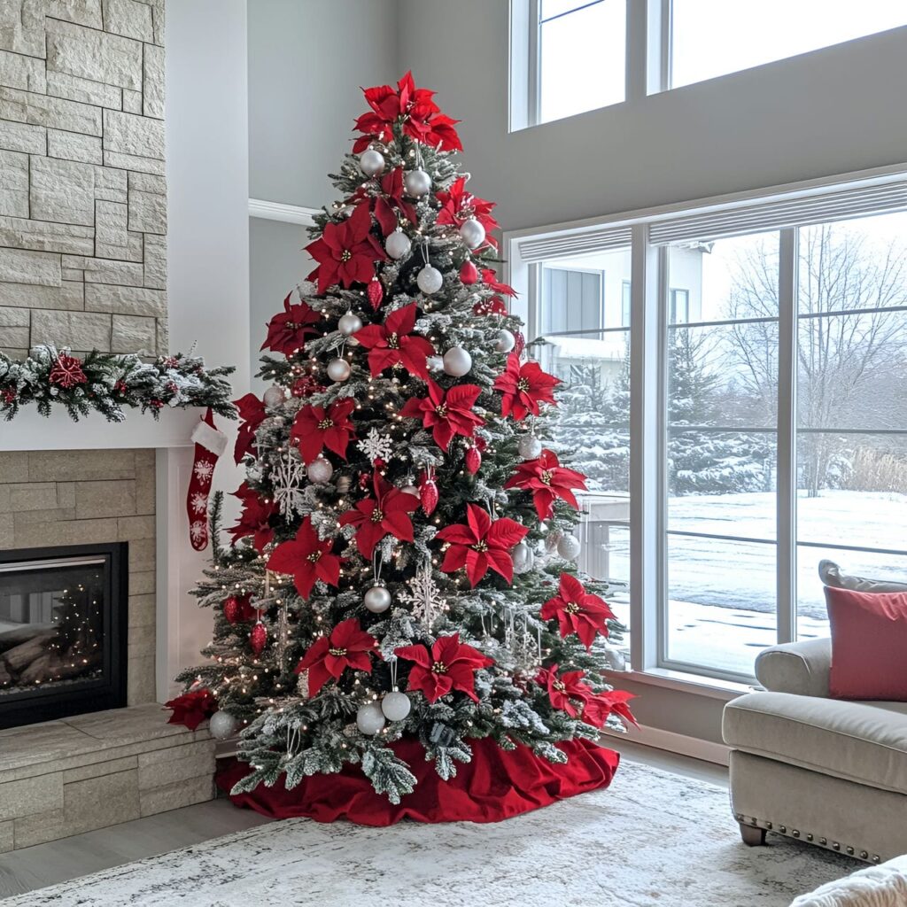 14. Frosted Poinsettia and Snowy Christmas Tree with Twinkle Lights