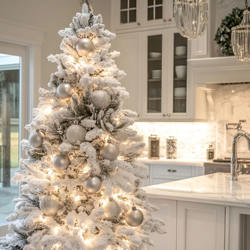 24. Frosted White Tree with Silver Accents and Snowy Finish