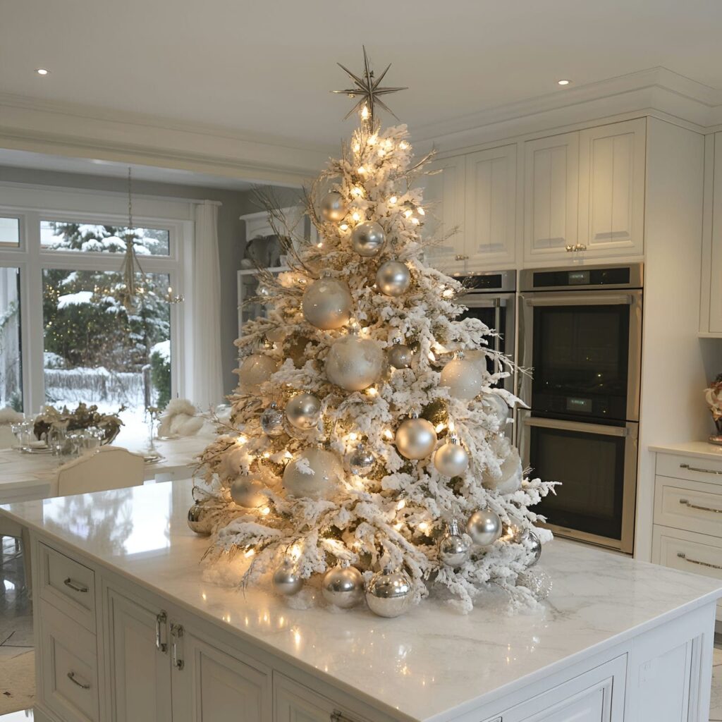 24. Frosted White Tree with Silver Accents and Snowy Finish