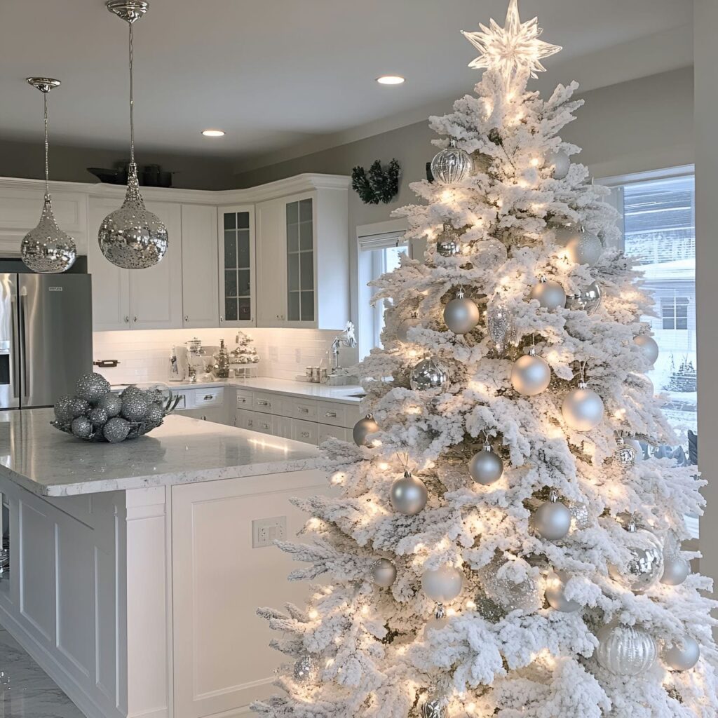 24. Frosted White Tree with Silver Accents and Snowy Finish