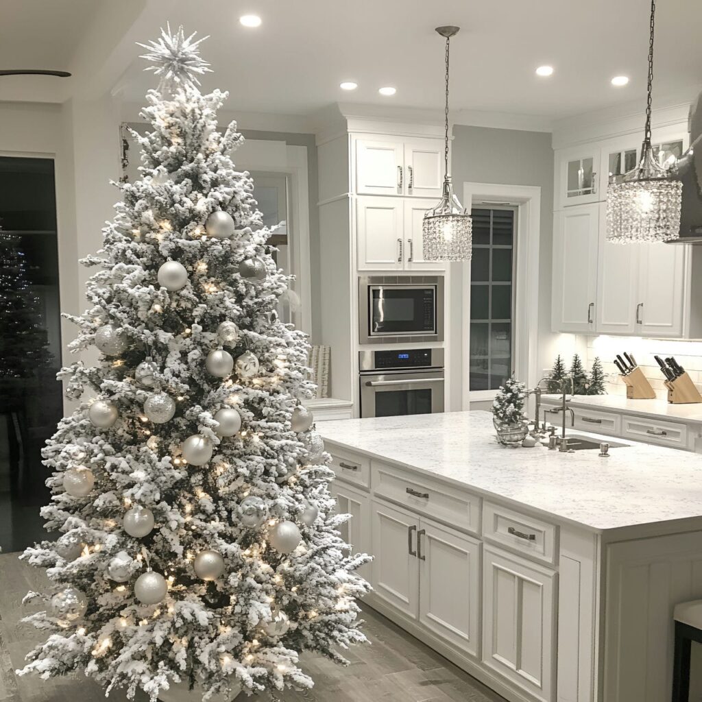 24. Frosted White Tree with Silver Accents and Snowy Finish