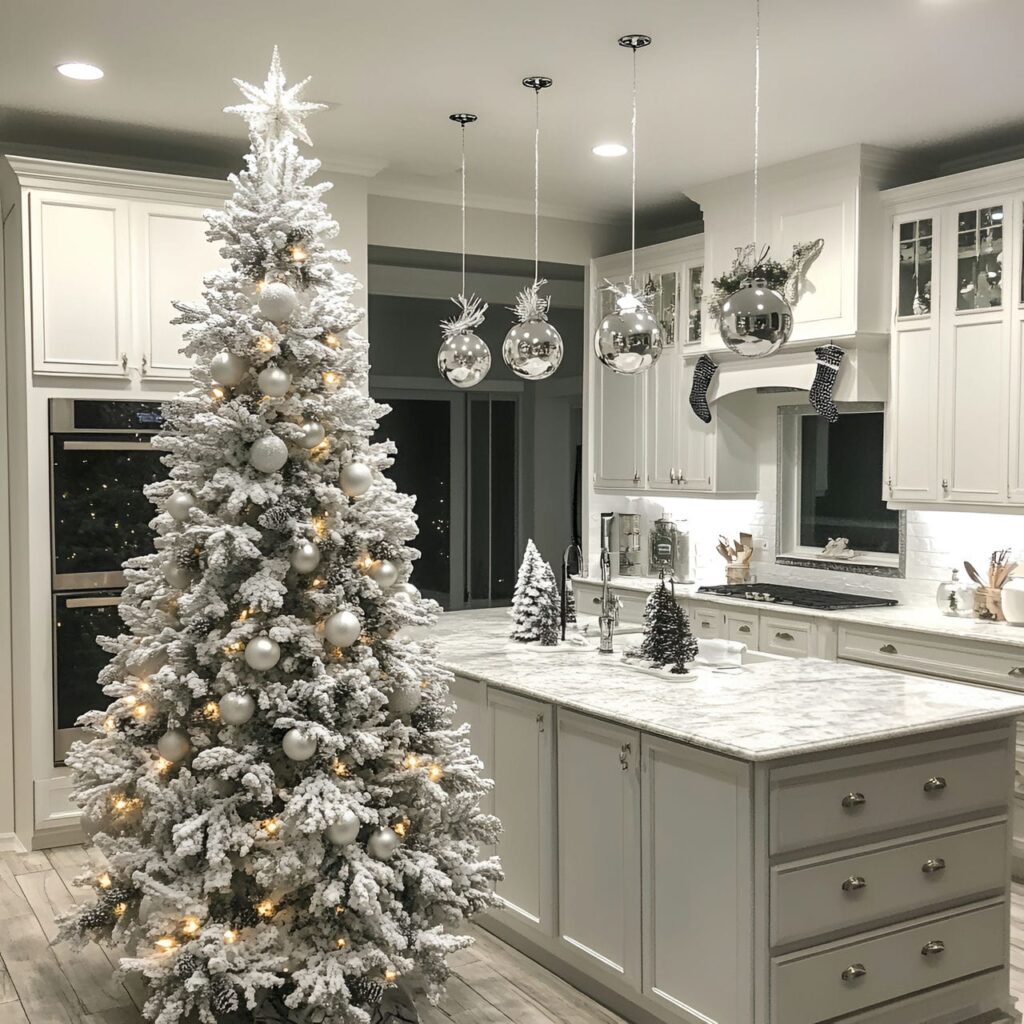 24. Frosted White Tree with Silver Accents and Snowy Finish