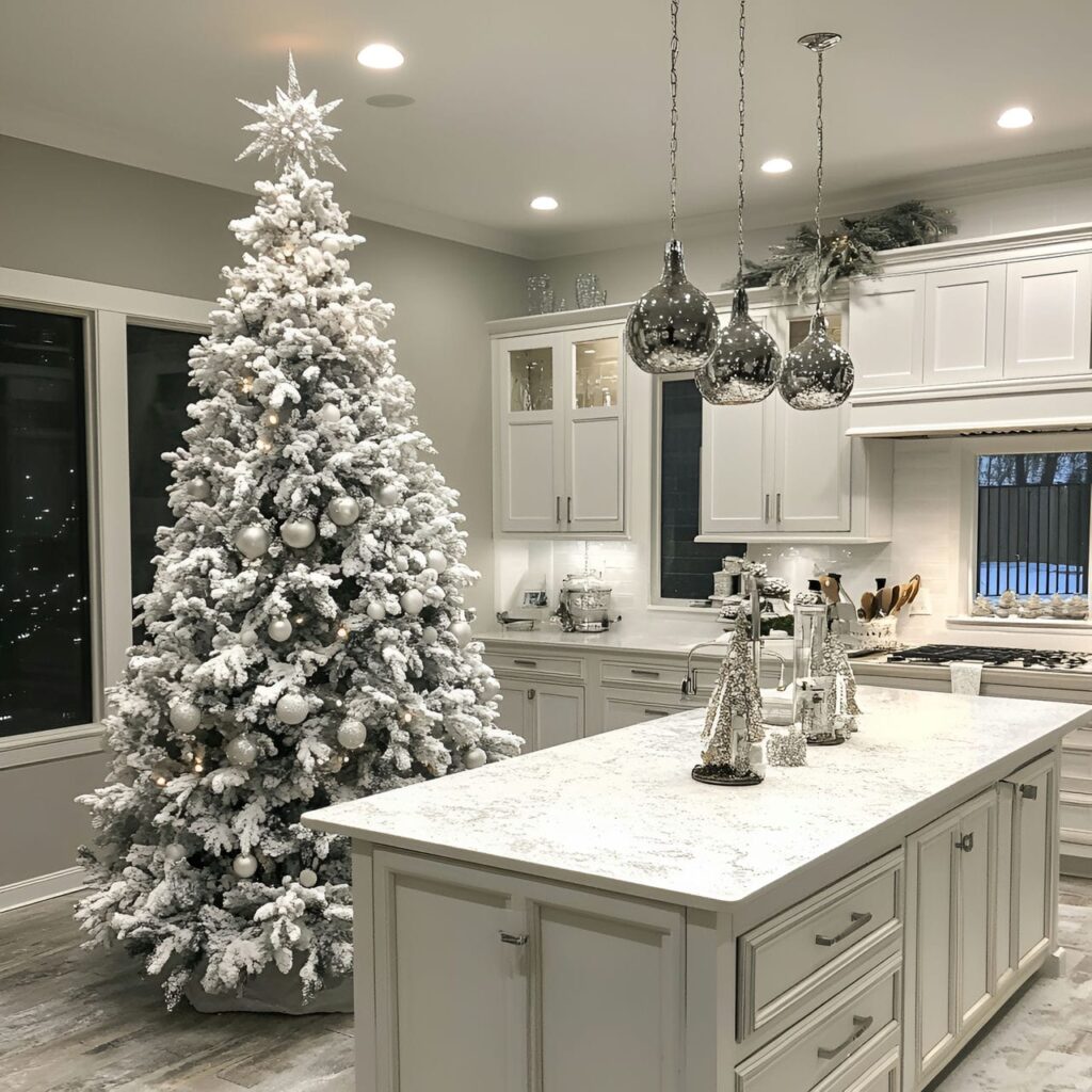 24. Frosted White Tree with Silver Accents and Snowy Finish