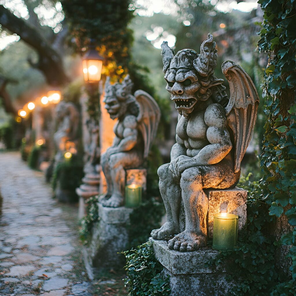 12. Gargoyle Guardian Driveway with Ivy Vines and Green Lights