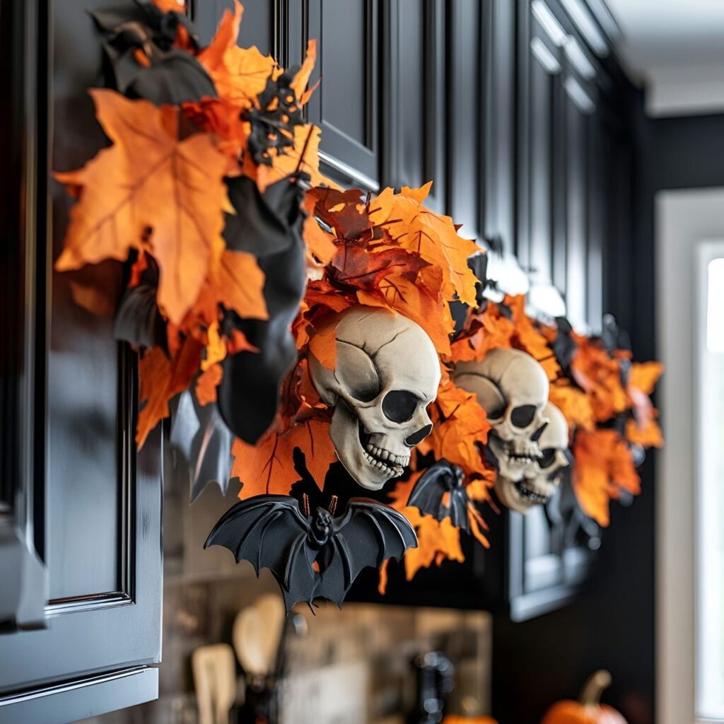 13. Ghoulish Garland Overhead with Skulls and Bats