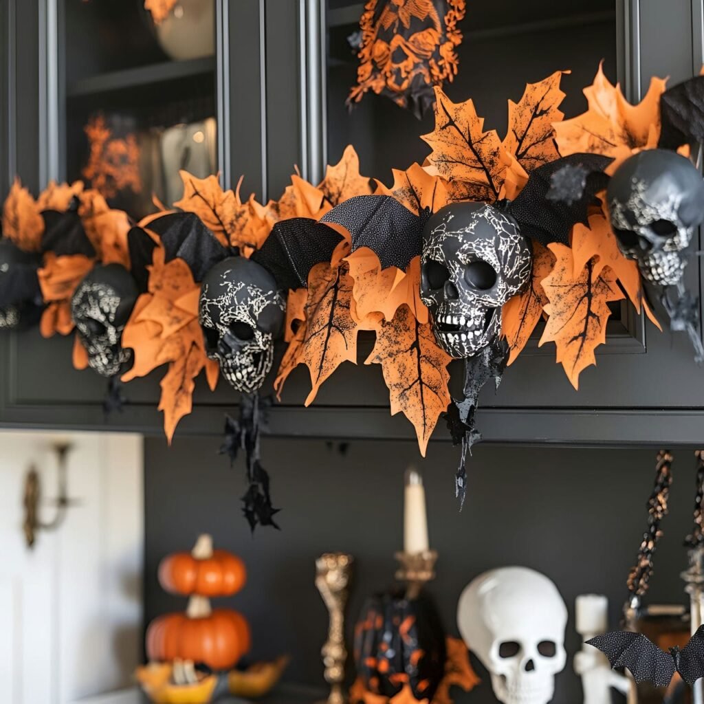 13. Ghoulish Garland Overhead with Skulls and Bats