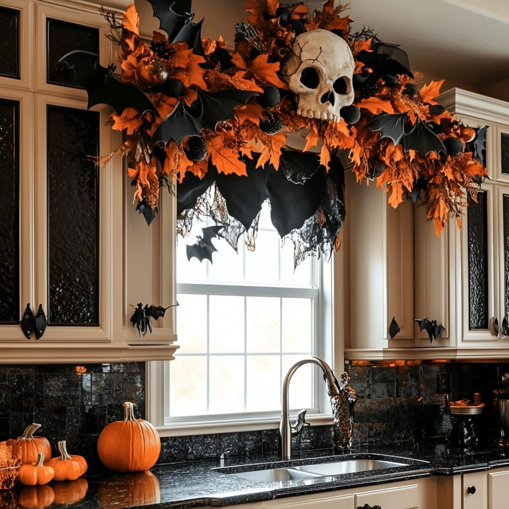 13. Ghoulish Garland Overhead with Skulls and Bats