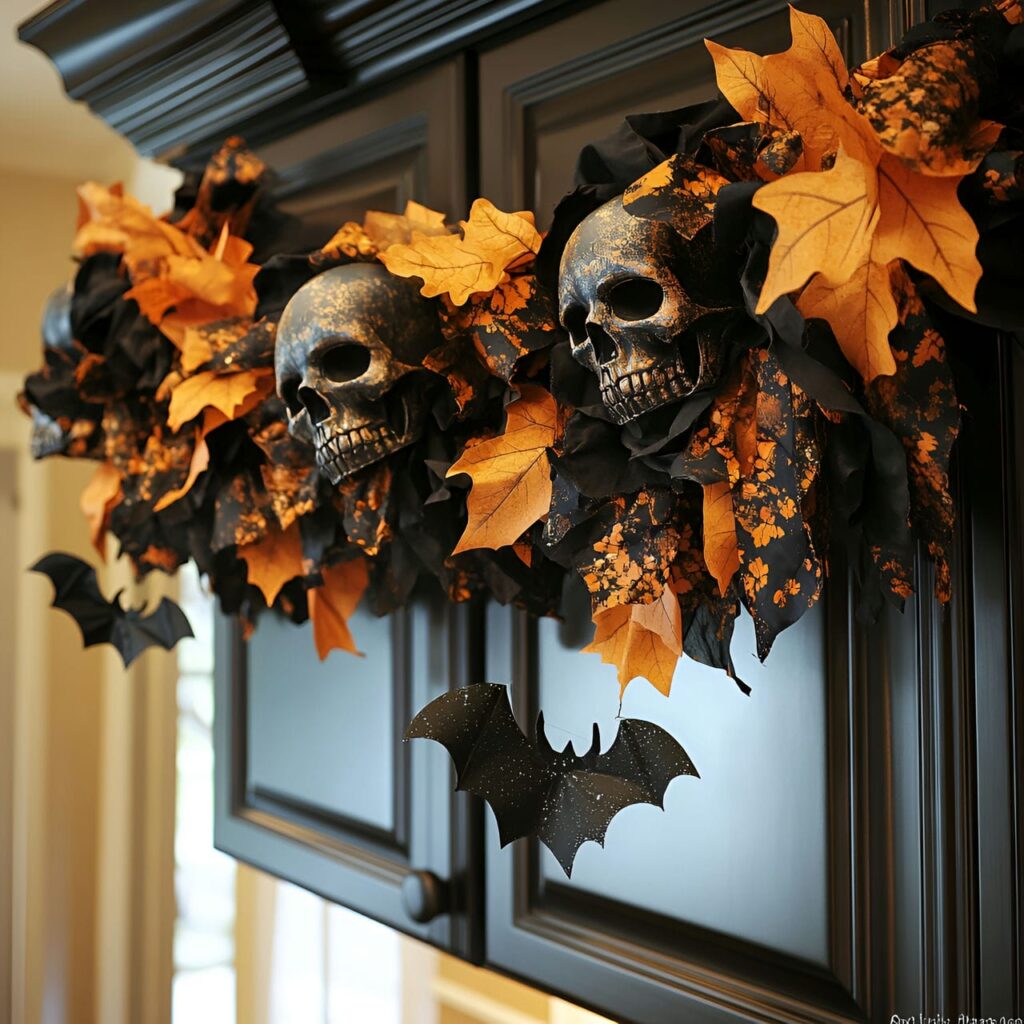 13. Ghoulish Garland Overhead with Skulls and Bats