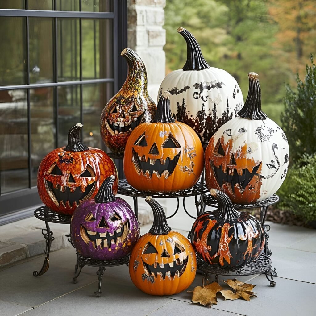 09. Ghoulish Pumpkin Stand with Uniquely Decorated Pumpkins