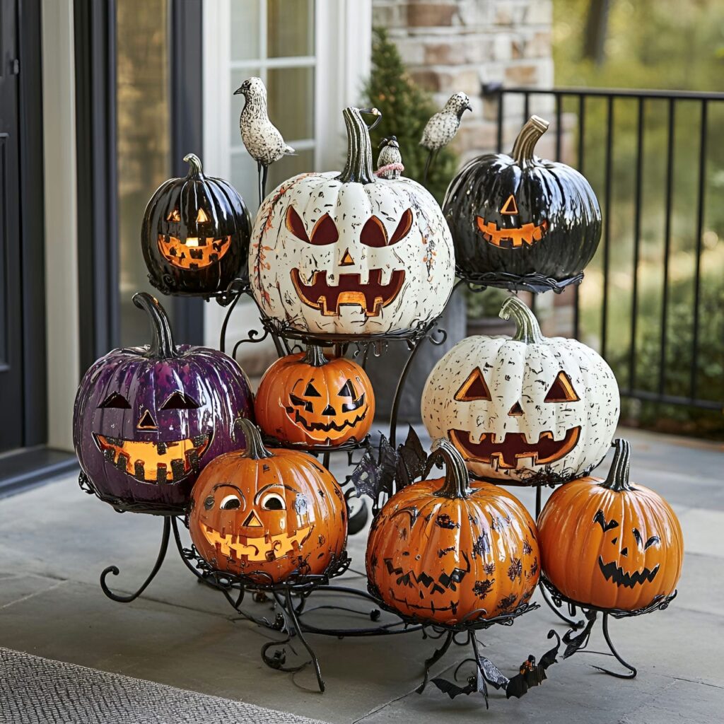 09. Ghoulish Pumpkin Stand with Uniquely Decorated Pumpkins