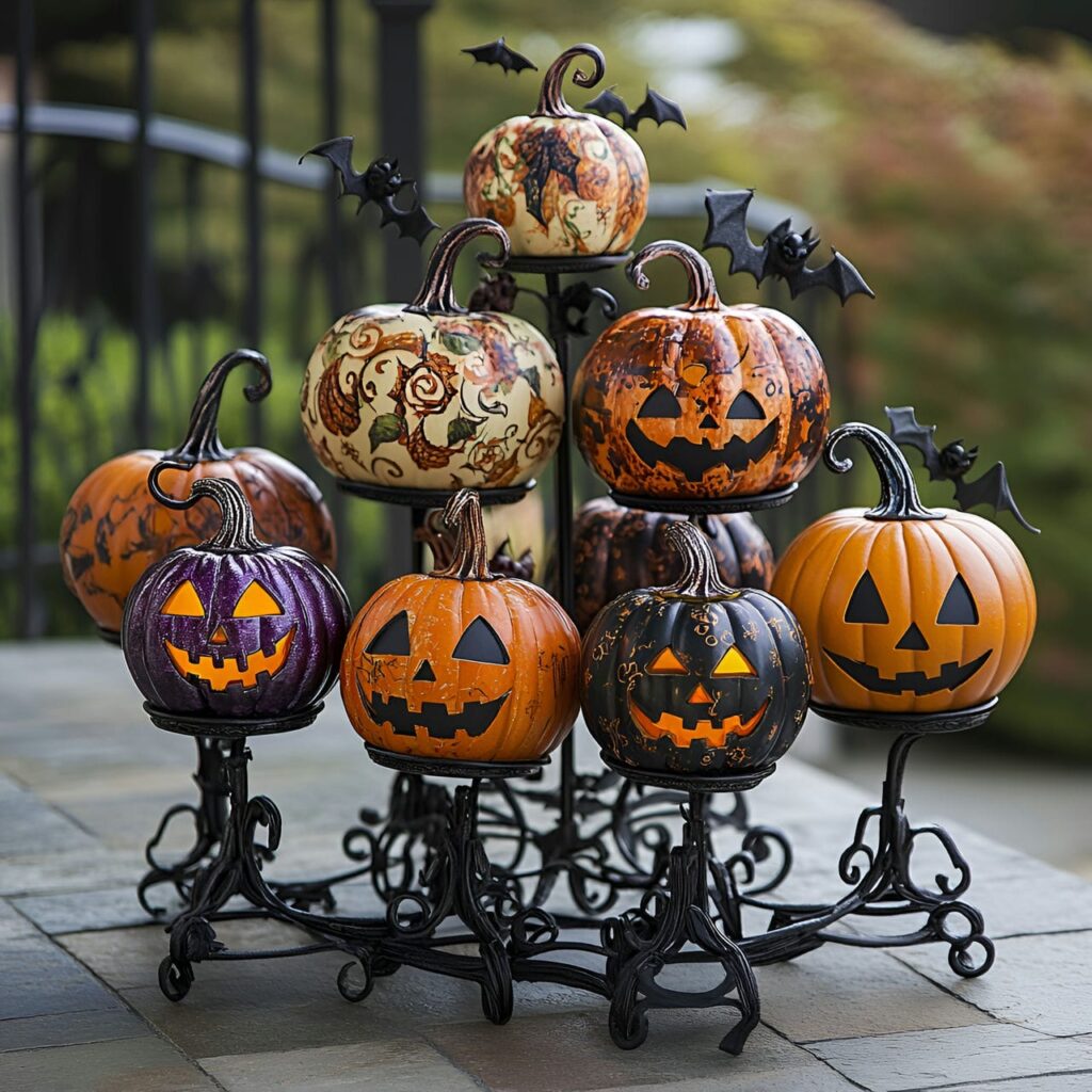 09. Ghoulish Pumpkin Stand with Uniquely Decorated Pumpkins