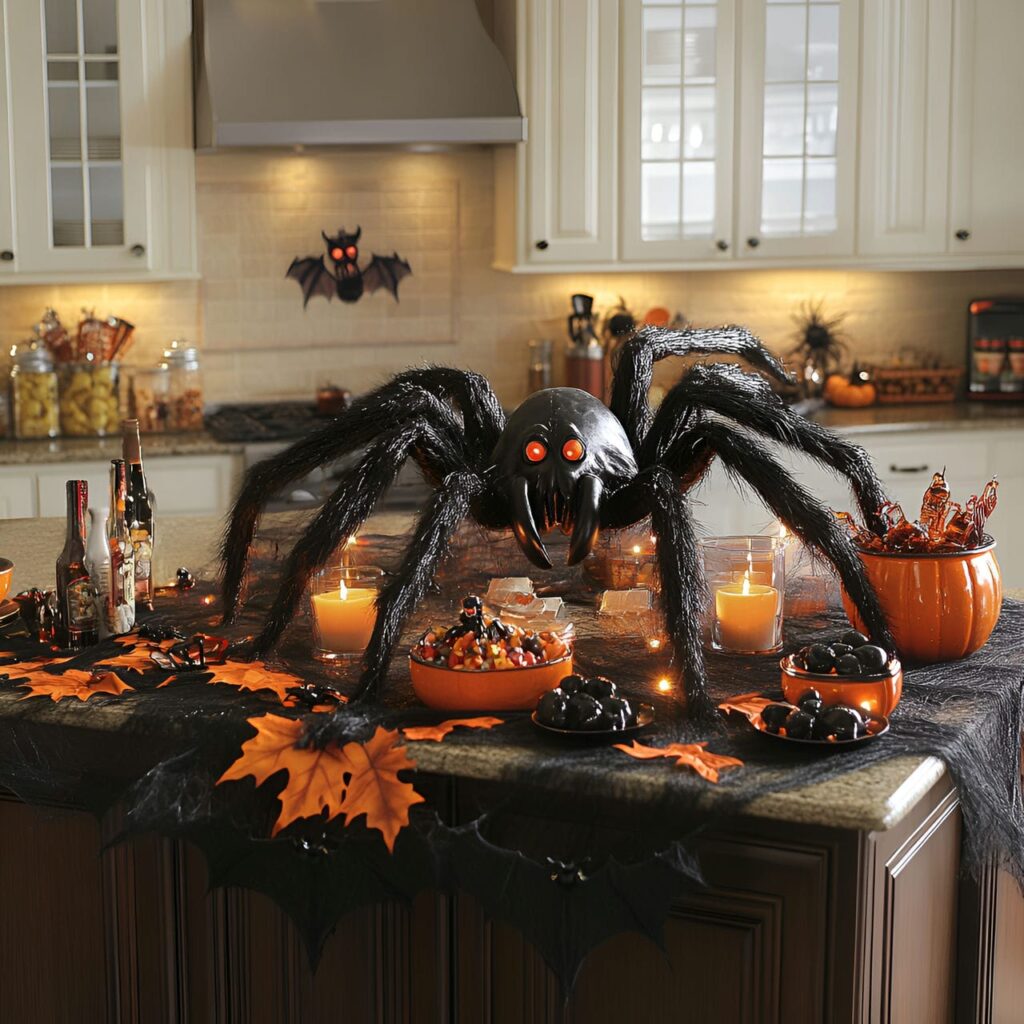 16. Giant Spider Centerpiece on Kitchen Island with Faux Webs