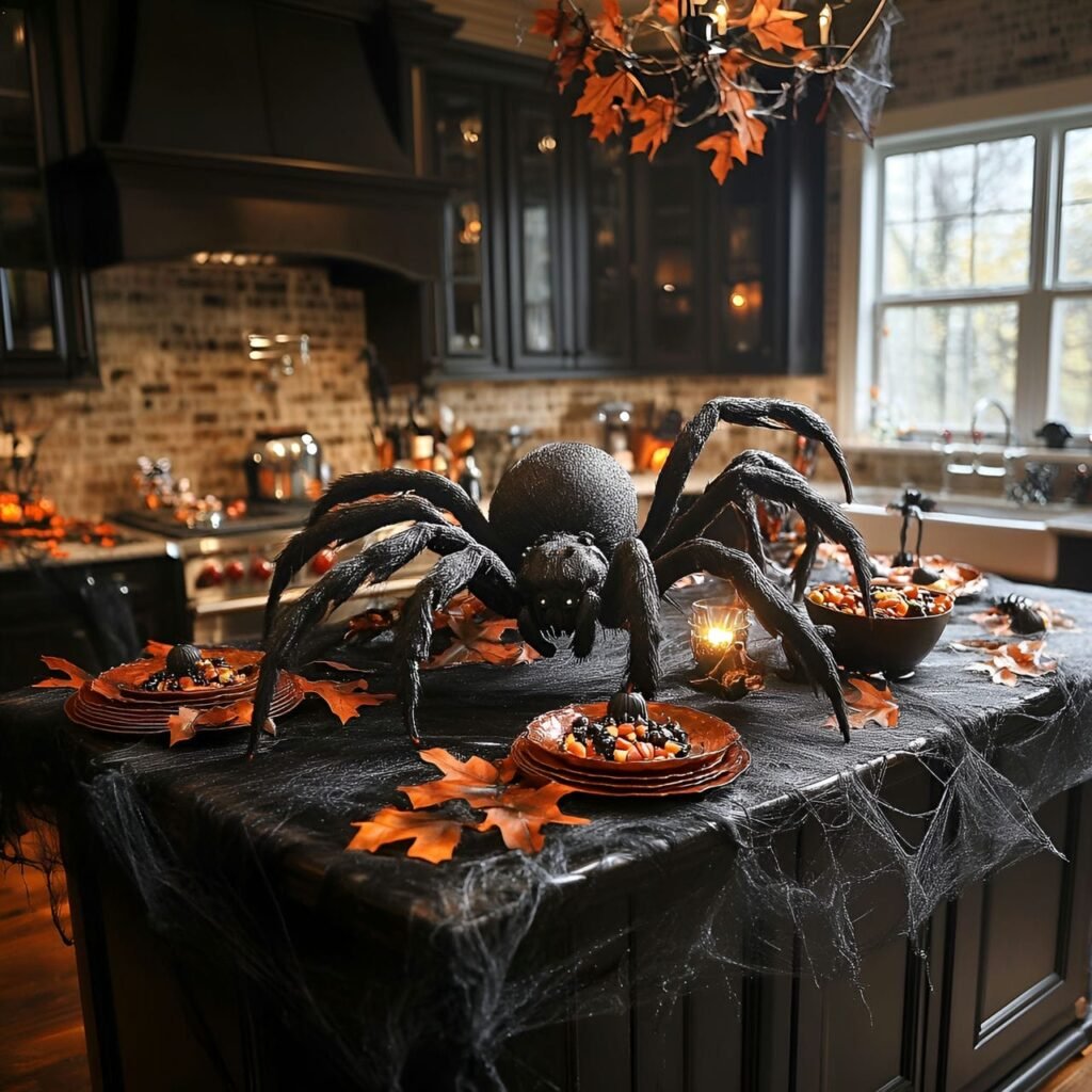 16. Giant Spider Centerpiece on Kitchen Island with Faux Webs