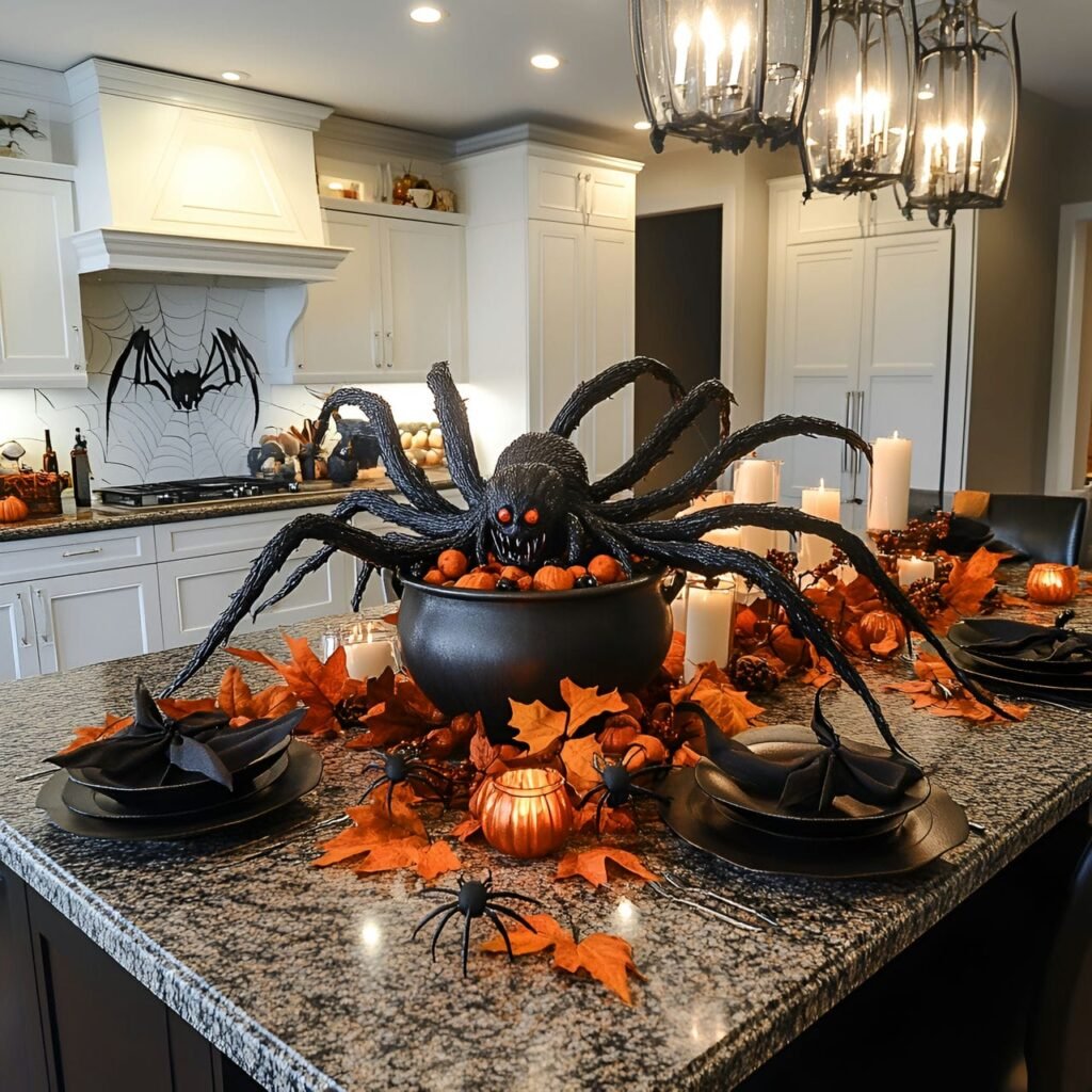 16. Giant Spider Centerpiece on Kitchen Island with Faux Webs