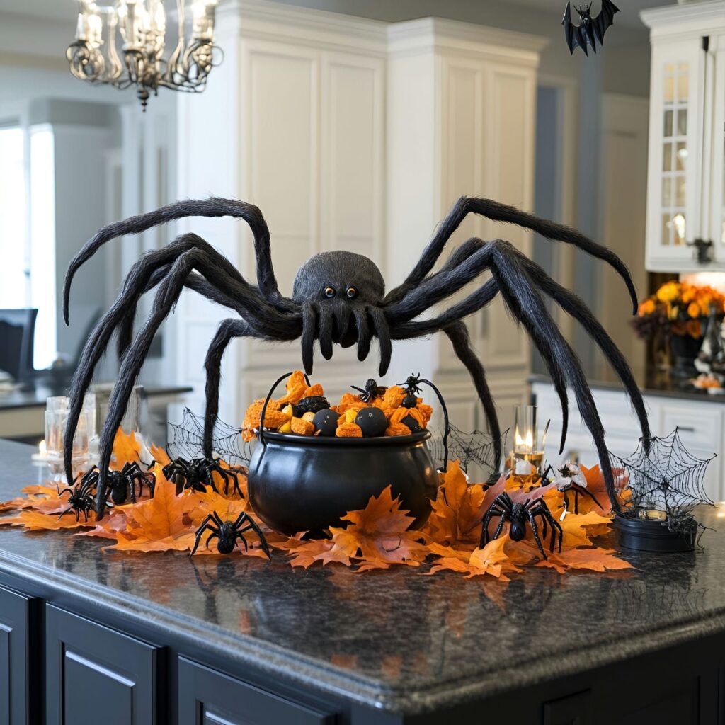 16. Giant Spider Centerpiece on Kitchen Island with Faux Webs