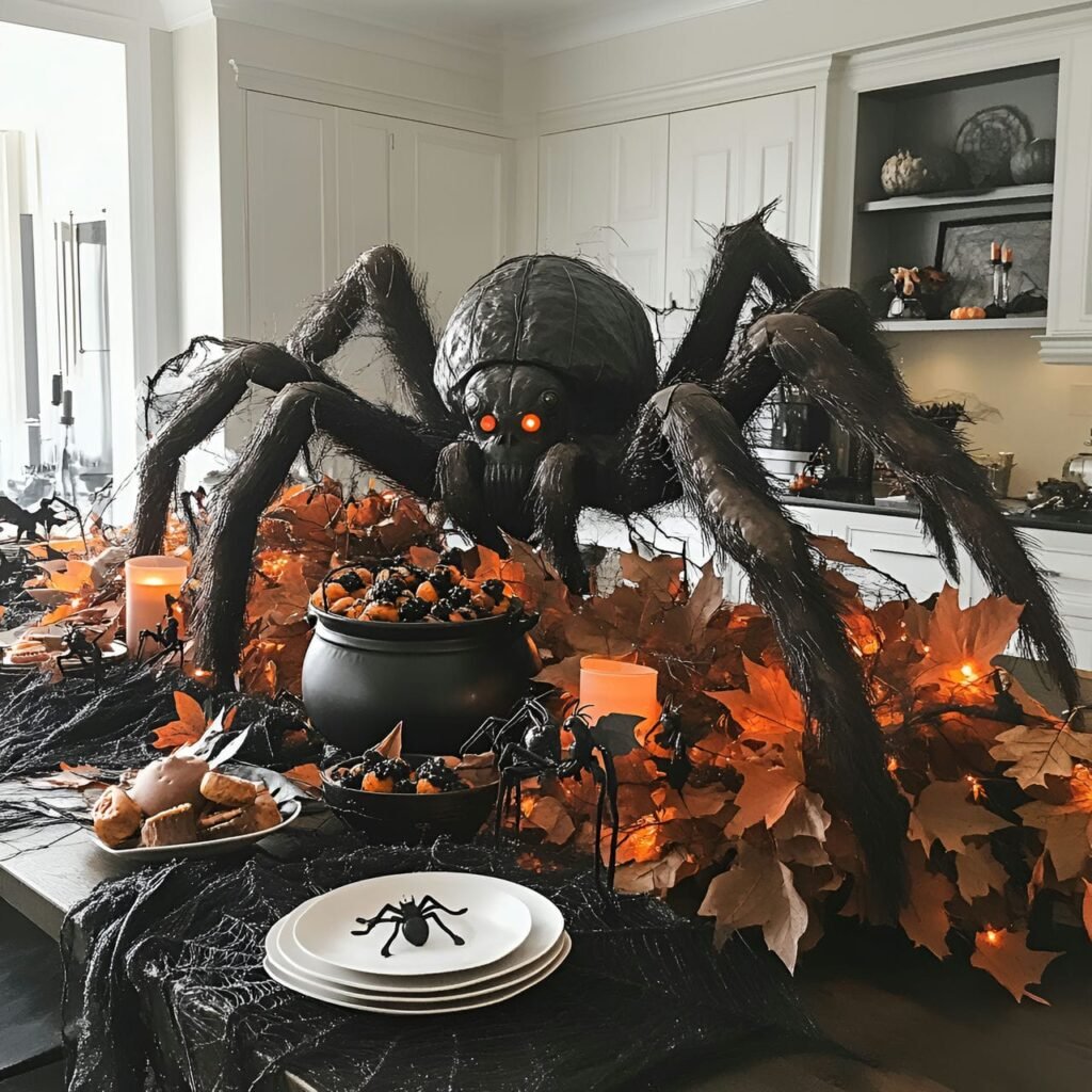 16. Giant Spider Centerpiece on Kitchen Island with Faux Webs