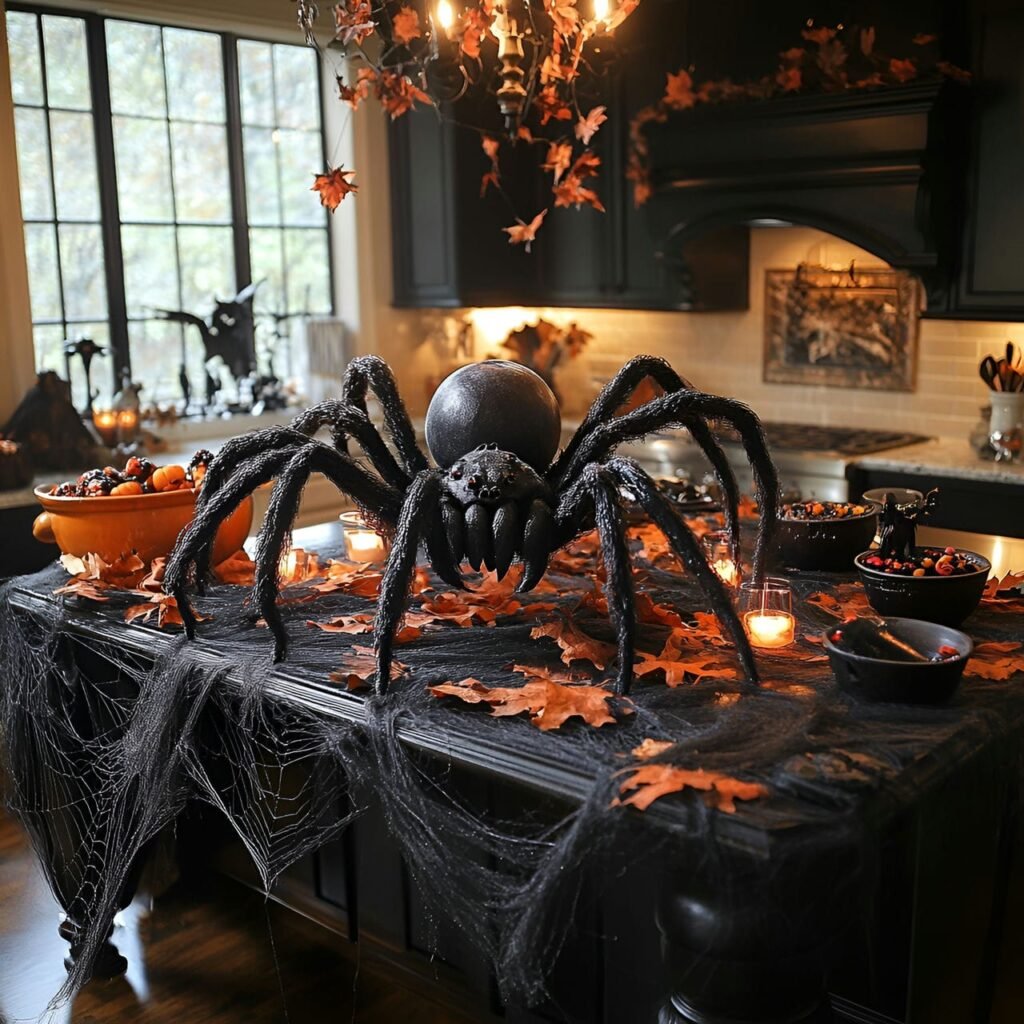 16. Giant Spider Centerpiece on Kitchen Island with Faux Webs