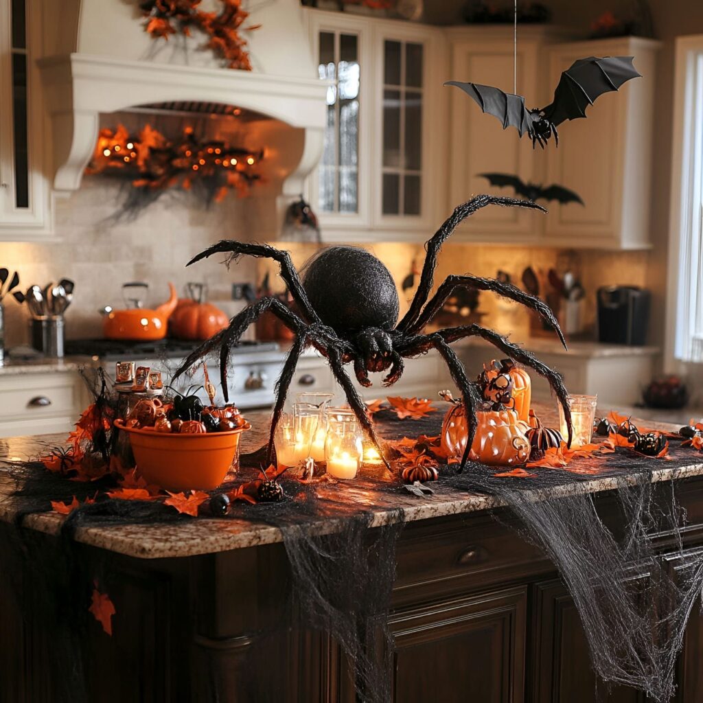 16. Giant Spider Centerpiece on Kitchen Island with Faux Webs