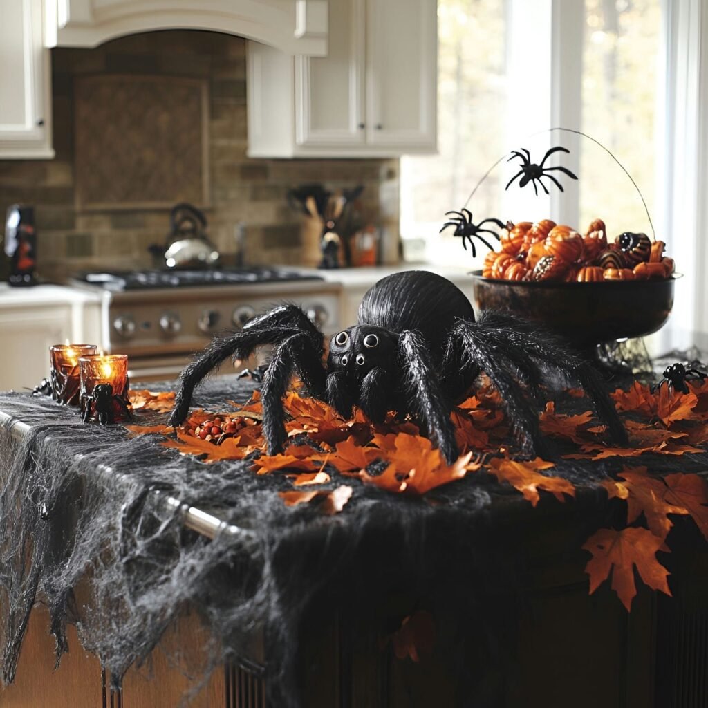 16. Giant Spider Centerpiece on Kitchen Island with Faux Webs