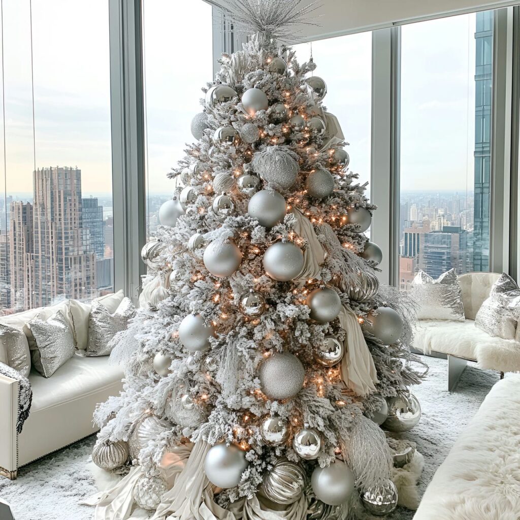 13. Glamorous White & Silver Tree with Shiny Ribbon