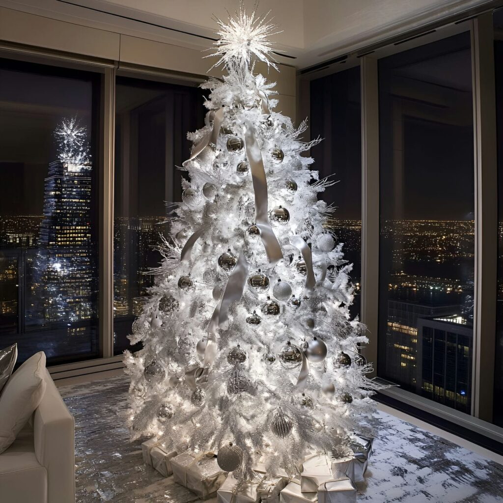 13. Glamorous White & Silver Tree with Shiny Ribbon