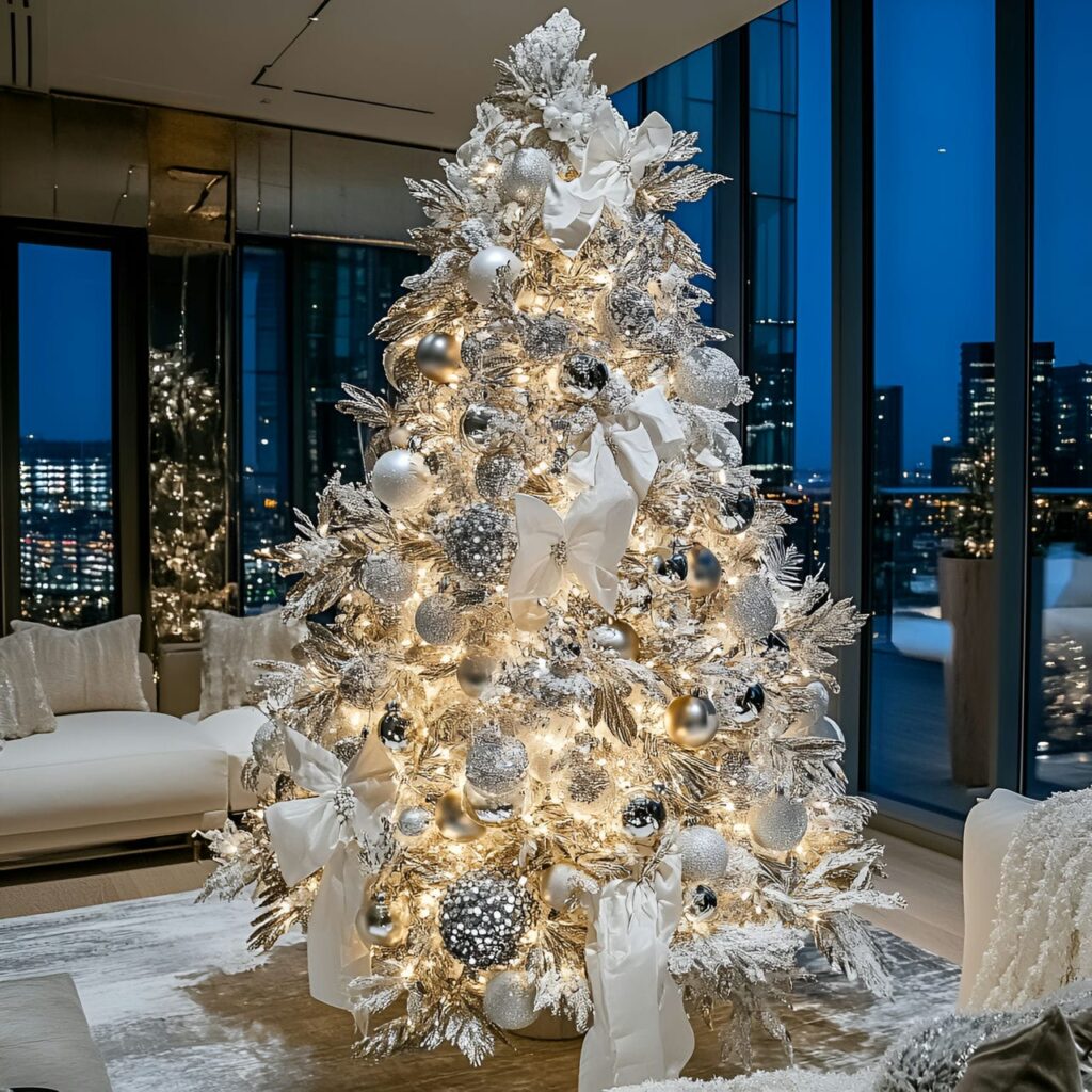 13. Glamorous White & Silver Tree with Shiny Ribbon