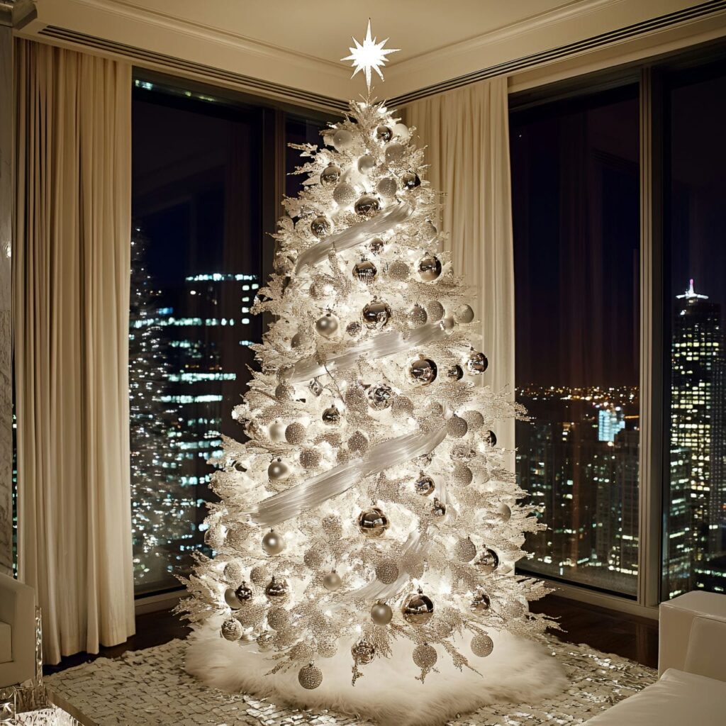 13. Glamorous White & Silver Tree with Shiny Ribbon