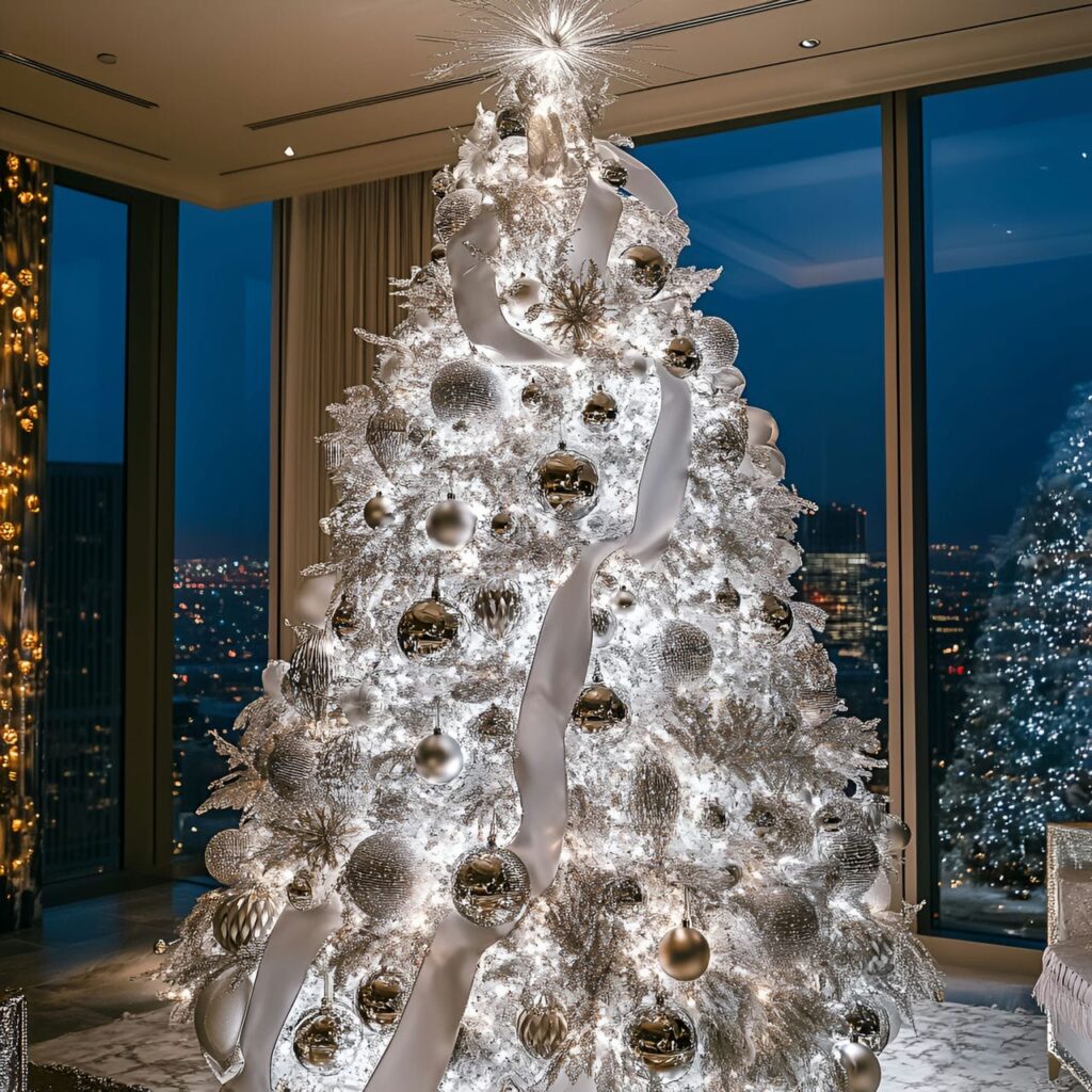 13. Glamorous White & Silver Tree with Shiny Ribbon