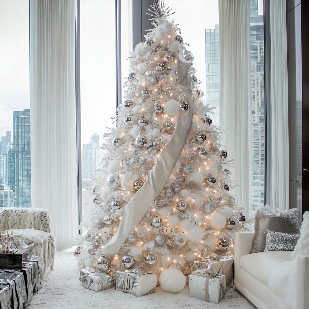 13. Glamorous White & Silver Tree with Shiny Ribbon