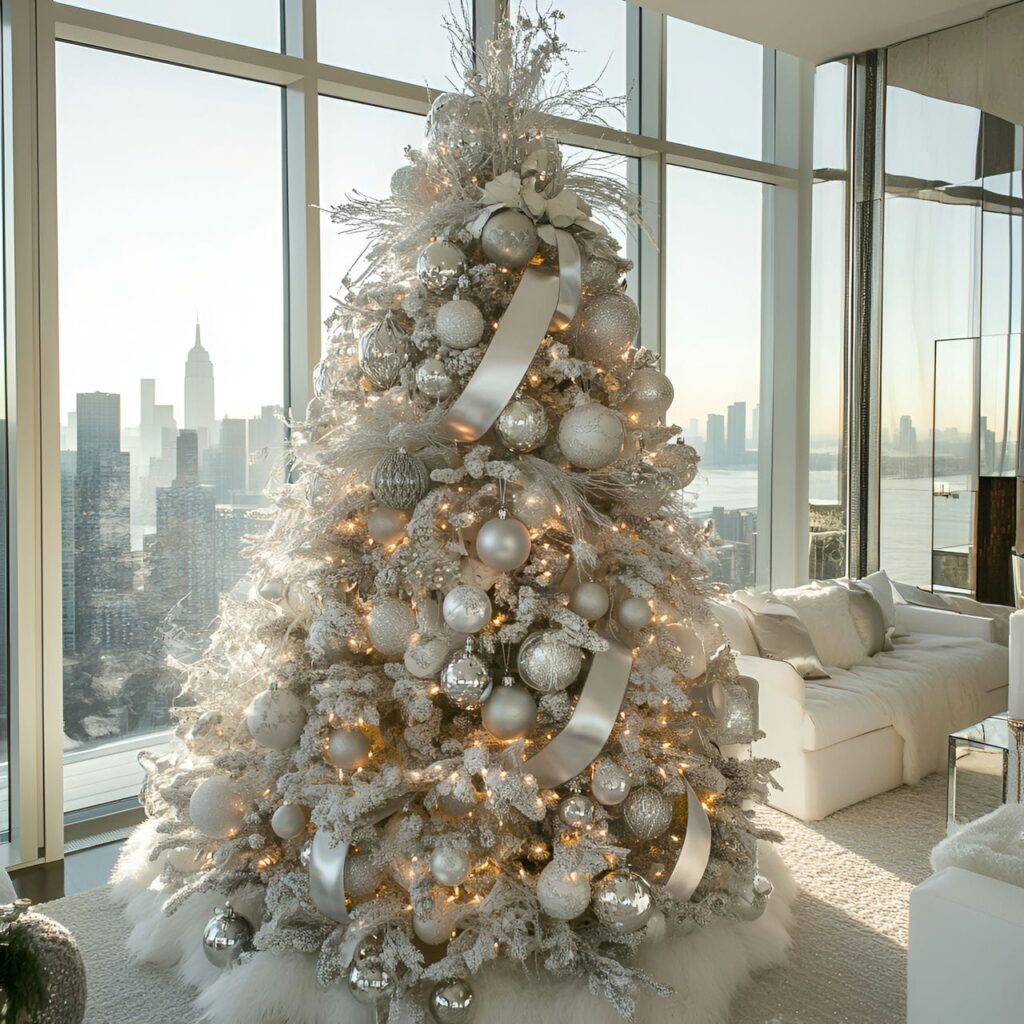 13. Glamorous White & Silver Tree with Shiny Ribbon