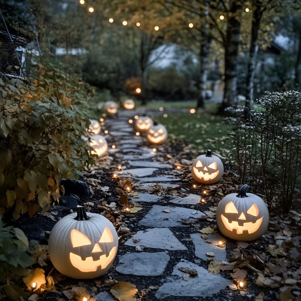 08. Glowing Pumpkin Pathway with LED Candles and String Lights