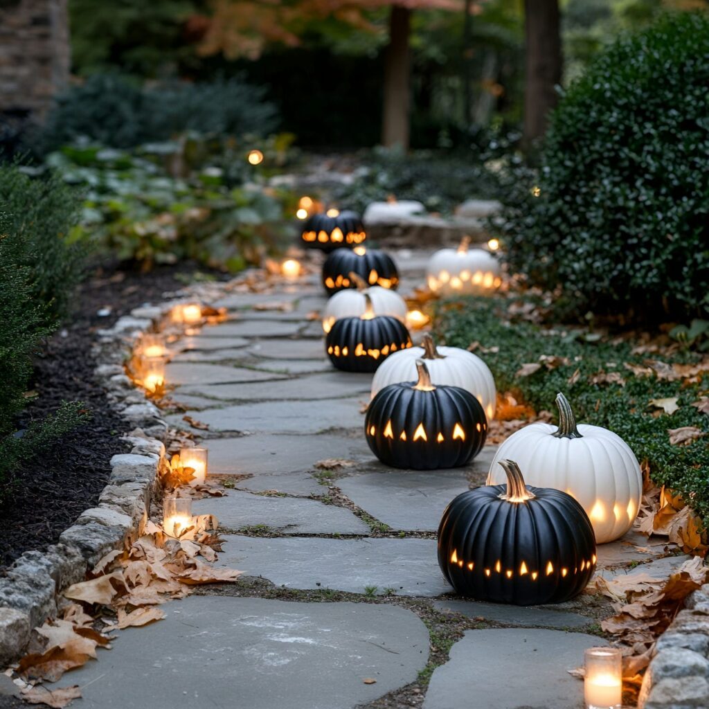 08. Glowing Pumpkin Pathway with LED Candles and String Lights