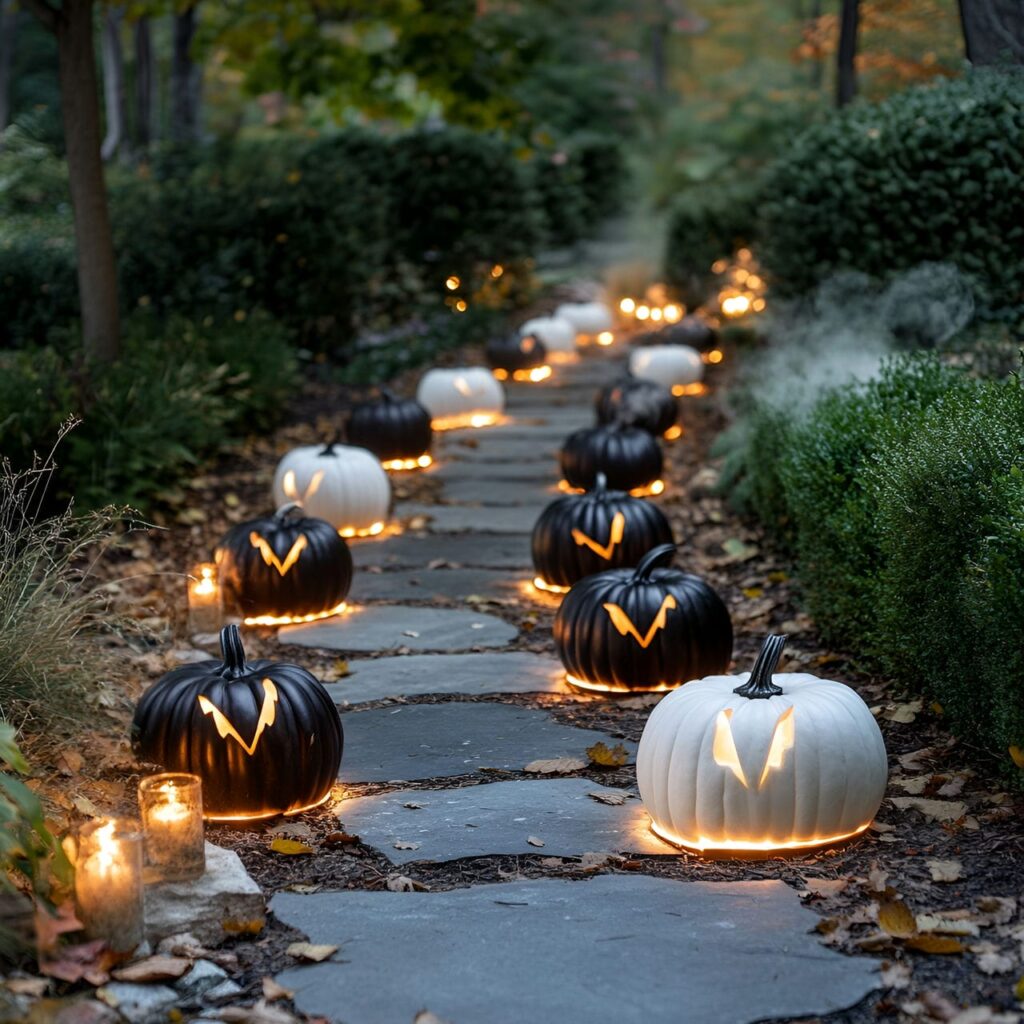 08. Glowing Pumpkin Pathway with LED Candles and String Lights